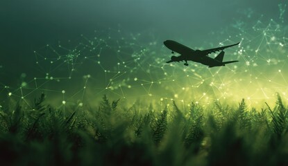 Silhouette of an airplane taking off over a field with a digital network overlaid in green