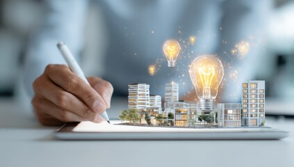Person sketching a miniature city on a tablet with glowing light bulbs, symbolizing innovation