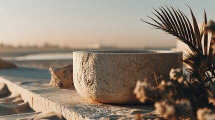 Stone Bowl on Coastal Ledge with Scenic Ocean View