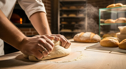 A baker kneading dough in a rustic bakery, surrounded by freshly baked bread. The aroma of baking fills the air