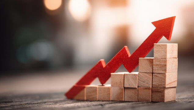 A red arrow pointing upward on wooden blocks representing growth, progress, and business success