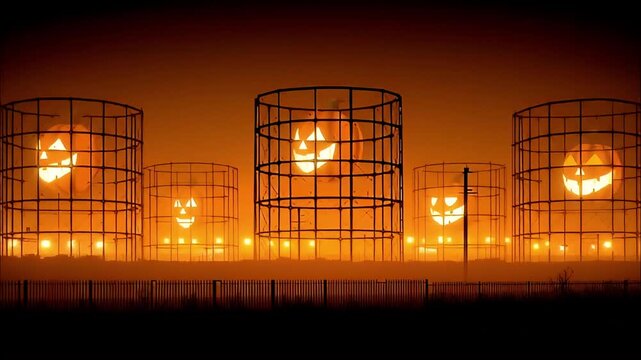 Glowing jack o lantern pumpkin faces inside industrial gas holder frames at night with orange foggy light, silhouetted fence and eerie seasonal Halloween atmosphere creating spooky immersive scene