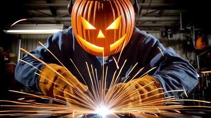 Jack o lantern helmet welder sparks in workshop metal welding with protective mask gloves jacket sparks fly dramatic orange glow moody industrial atmosphere welding protective gear - Powered by Adobe