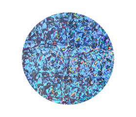 Round holographic duct foil sticker surface with wrinkles and colorful shimmer transparent on iridescent background