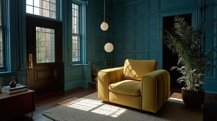 Stylish Living Room Interior with Yellow Armchair and Teal Walls