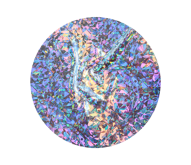 Round holographic duct foil sticker surface with wrinkles and colorful shimmer transparent on iridescent background