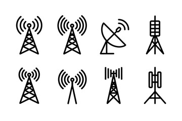 Communication Towers and Antennas Various Designs for Telecom and Broadcast Infrastructure Digital Transmission Technology Isolated Vector Illustration