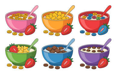 Colorful Cereal Bowls and Strawberries Cartoon Vector Illustration for Breakfast Food Concept and Healthy Eating Design Projects