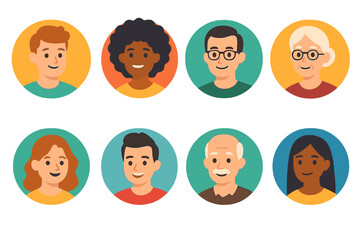 Diverse group of eight stylized user profile avatars with different ages and ethnicities