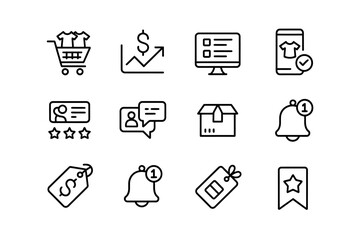 Ecommerce online shopping and marketing icons set depicting sales trends customer reviews purchase confirmation and notifications for website app and print design