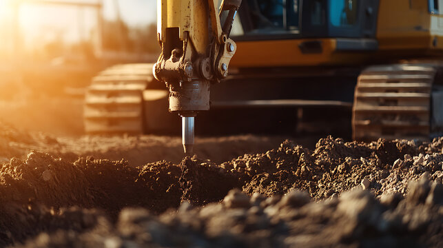 Ground work with excavator: Close-up of heavy machinery digging into the earth, construction or landscape project in progress.