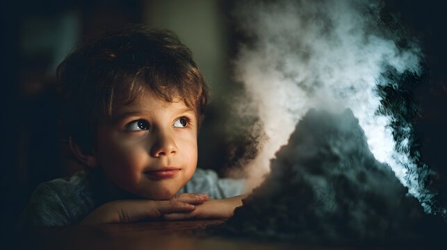 A curious young child looks on in amazement at a smoking miniature volcano during a fun science experiment illuminated by warm indoor light - Powered by Adobe