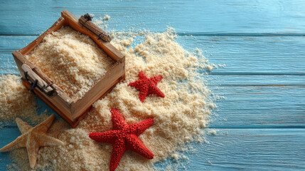 Summer beach composition with sand, starfish, and wooden box on a blue wooden background.