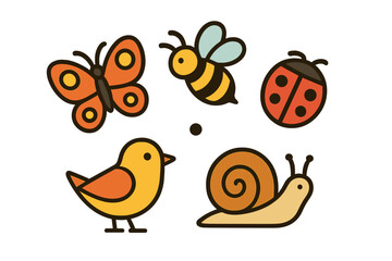 Collection of charming cartoon garden insects and small bird icons