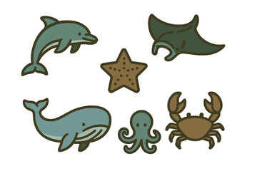Collection of stylized marine animal icons featuring dolphin whale ray starfish octopus and crab
