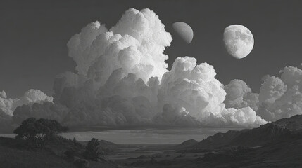 Surreal Landscape with Moon Phases and Dreamy Clouds in Monochrome
