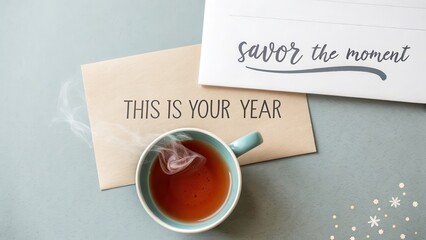A Serene Teacup with Steam on Table Alongside Inspiring Card