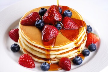 Stacked Golden Pancakes Fresh Ripe Strawberries Blueberries Drizzled Sweet Syrup White Plate Breakfast Dessert Delicious Healthy Morning Meal Fruity Sweetness Natural Organic Berries Culinary Delight