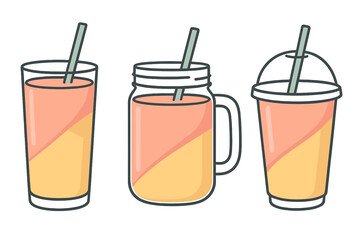 Three layered fruit smoothie or juice drinks in various containers