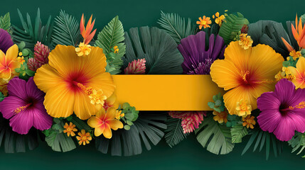 Tropical Floral Banner with Hibiscus and Palm Leaves on Green