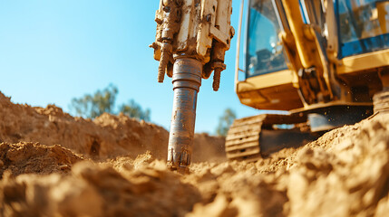 Powerful Excavator Drills into Earth: Heavy machinery at work, breaking ground and digging deep on a construction site.