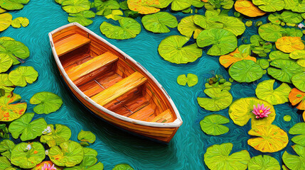 Tranquil Scene: Wooden Rowboat Surrounded by Lily Pads on Calm Water