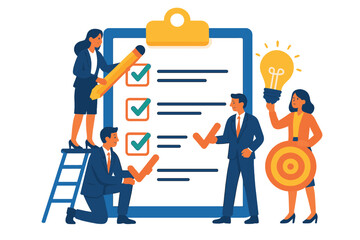 Diverse business team checks off items on a large project list