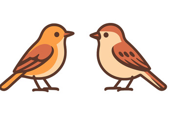 Two cute cartoon sparrows facing each other in simple outline style