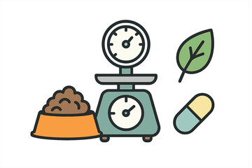 Kitchen scale measuring pet food with natural ingredients for balanced diet