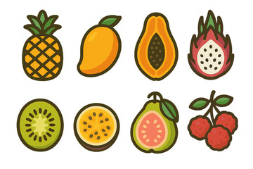 Tropical fruit icons set featuring pineapple, mango, papaya, and kiwi shapes