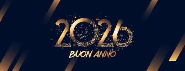 Obraz premium Un biglietto o uno striscione per augurare un felice anno nuovo 2026 in oro con cerchi effetto bokeh su uno sfondo nero con linee dorate sfumate