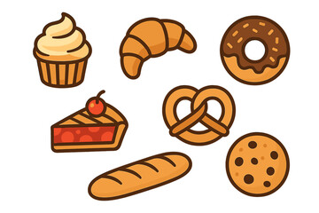 Sweet and savory baked goods icons assortment for food design