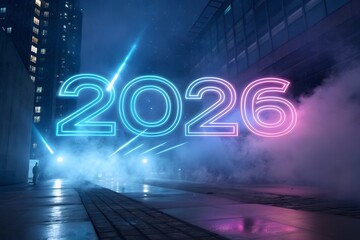 Futuristic neon 2026 sign illuminating a wet city street with smoke and lights