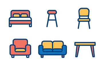 Colorful flat outline icons of essential household furniture items for modern interior design