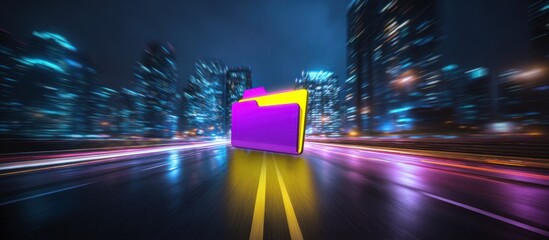 Futuristic image of a purple and yellow folder, floating above a road in a city at night