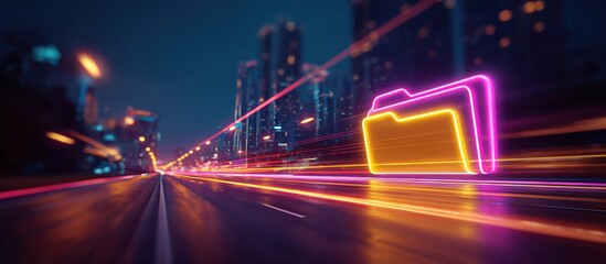 Neon folder icon over a blurred city street at night with light trails representing data flow