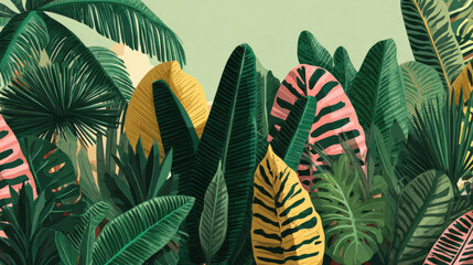 Vibrant Jungle Foliage: Lush Green Tropical Plants Pattern Illustration