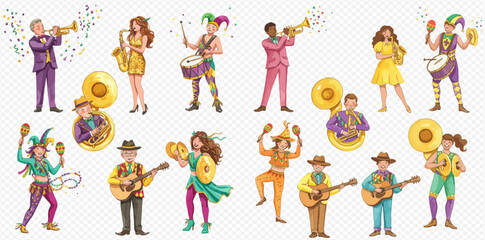 Diverse group of cartoon musicians playing various instruments and dancing in festive attire, celebrating with confetti.