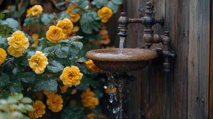 Yellow roses bloom near a rustic outdoor water fountain attached to a wooden fence. Water flows gently into a stone basin.