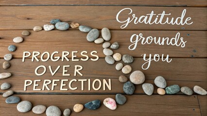 Progress Over Perfection with Pebbles and Gratitude Quote