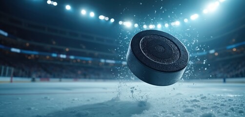 Dynamic photo of hockey puck mid-air during ice hockey game. Dramatic shot captures action on ice rink arena. Sports competition features team players skating and battling. This is pro sport.