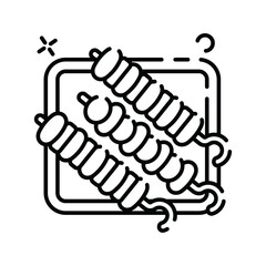 Minimalist Line Art Icon of Three Meat Kebabs Skewered on a Square Plate with a Transparent Background