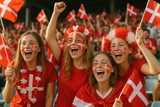 Female football fans cheering passionately with national Danish flags. Concept of unity, joy, and support for sports branding, fan culture editorials, and event advertising. - Powered by Adobe
