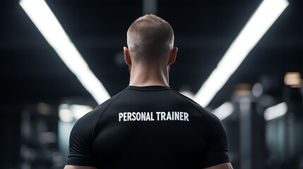 Back view of a personal trainer in a gym with sleek lighting, ready to guide you to achieve your fitness goals with expert advice and personalized programs.