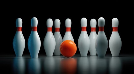 Bowling Pins and Ball on Dark Background.