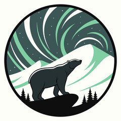 Bear under aurora borealis in vector format
