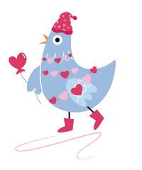 Love Illustration with Dove at Hearts Decorations and Holding a Balloon