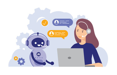 Call center. Characters using artificial intelligence generative tools for communication. Helpdesk, hotline, customer support service concept. Vector illustration.