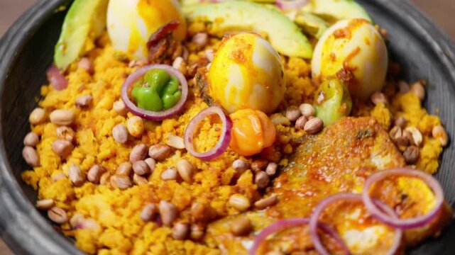 Eto with Groundnut and Avocado, Mashed Ripe Plantain Mixed With Palm Oil, Onions, and roasted groundnuts, Africa Ghana Traditional Dish