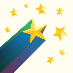 Bright Shooting Star with Scattered Gold Stars. Star with trail